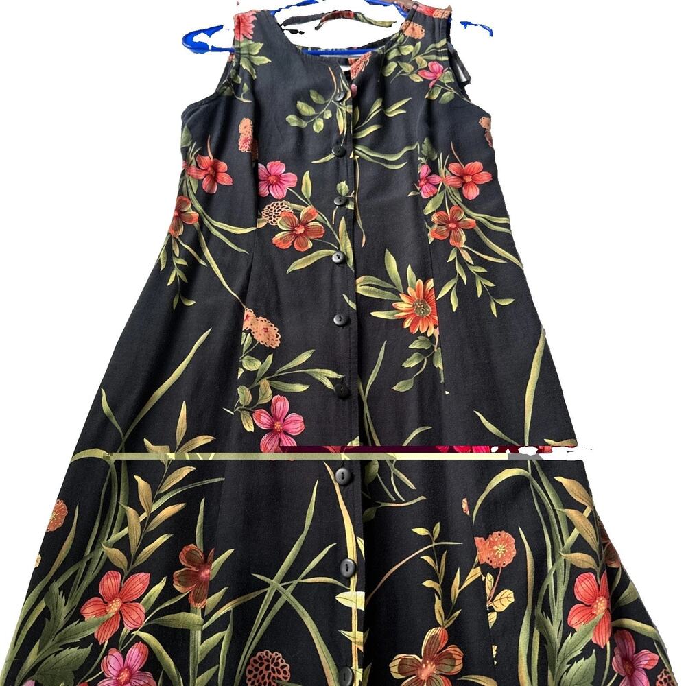 Vintage R&K 90s Cottagecore Black Floral Maxi Dress 8P Strappy Back lightweight